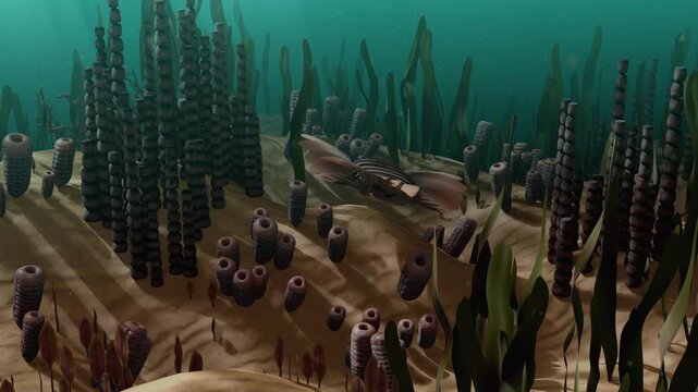 4k 3d animation of the Cambrian predator, Anomalocaris regalis, swimming gracefully through the deep blue, particle-filled waters of a prehistoric ocean.