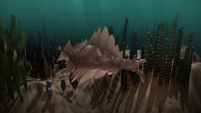 4k 3d animation of the Cambrian predator, Anomalocaris regalis, swimming gracefully through the deep blue, particle-filled waters of a prehistoric ocean.