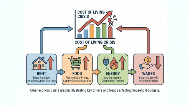 Cost of living crisis drivers infographic with rent, food, energy and wages in clear economic data