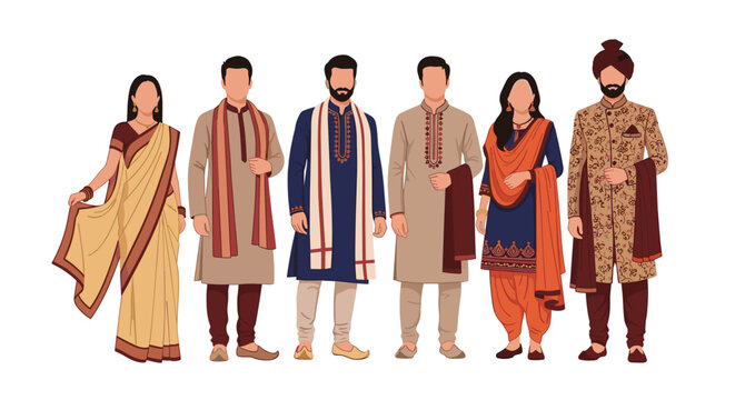 Group of diverse men and women dressed in traditional South Asian clothing such as saris, sherwanis, and kurtas with intricate details.