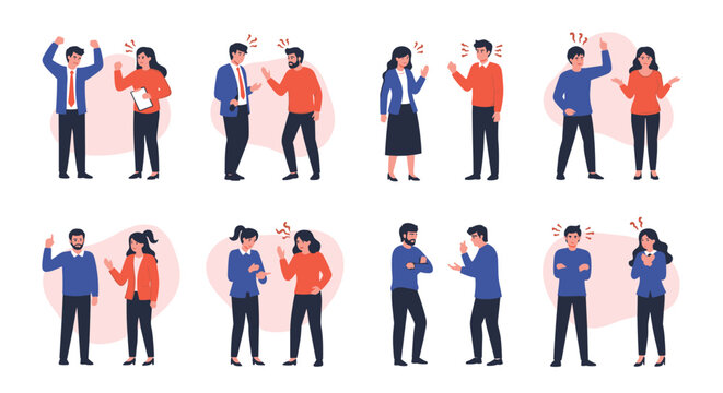 Collection of scenes showing diverse pairs of people engaged in heated arguments, conflicts, and stressful verbal disagreements at work.