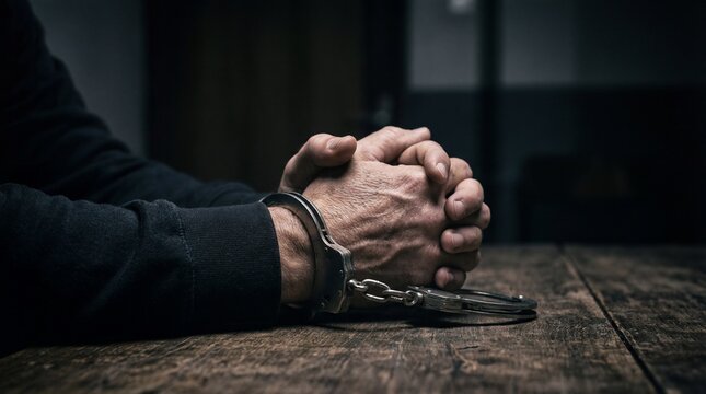 Closeup of male hands in handcuffs police station emotional moment dark environment intimate viewpoint justice concept