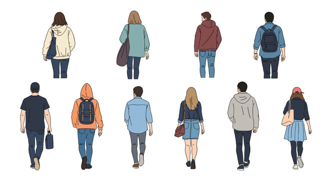 Back view of diverse group of people walking together in casual clothing representing students or commuters moving towards their destination.