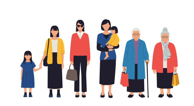Diverse group of women representing different generations and life stages from a young child to an elderly woman with a shopping bag.