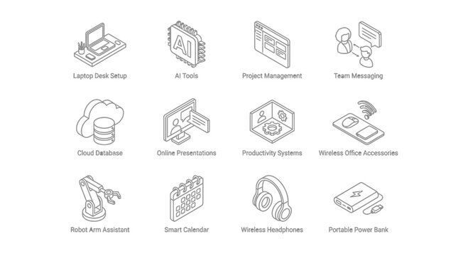 Isometric Outline Icons: Technology, Business, and Productivity Tools
