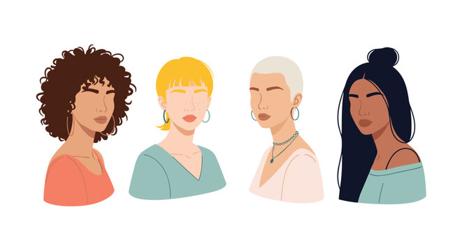 Portraits of four diverse women with different hairstyles, skin tones, and fashion styles representing beauty, inclusion, and female empowerment.