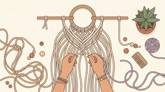 Macram� wall hanging in progress with knots being tied, rope and ring
