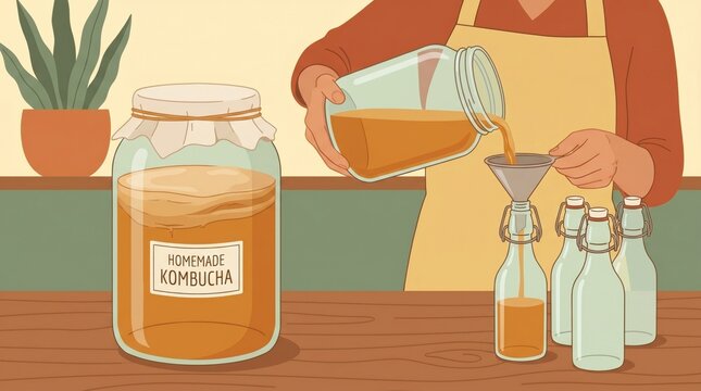 Home kombucha brewing setup with SCOBY in jar and bottling stage in health hobby