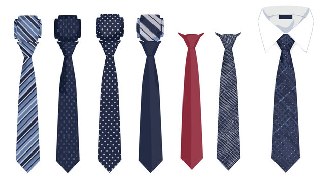 Selection of various necktie patterns and colors including stripes and dots with one example tied on a white collar.