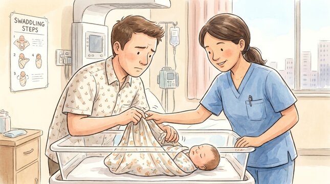 New parent learning to swaddle a newborn in hospital with nurse guiding