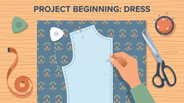 Sewing pattern being pinned to fabric with dressmaking scissors and chalk marks