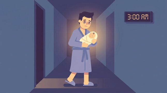 Newborn sleep deprivation reality with parent walking the hallway at 3am