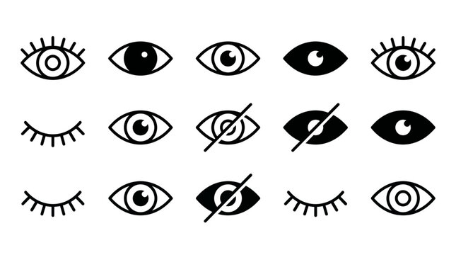 Set of eye icons and closed eyelids with black and white collection minimalist