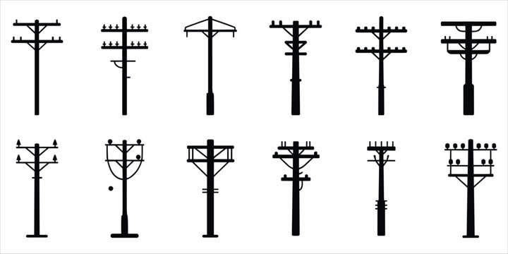 Collection of black silhouettes of various types of utility poles power pole electricity
