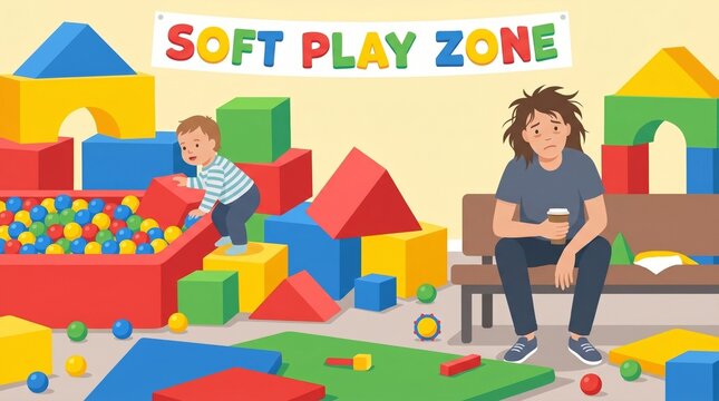 Soft play with a toddler, foam shapes, ball pit and tired parent watching