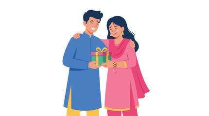 Obraz premium Brother gifting a present to his sister during Raksha Bandhan festival, celebrating Indian culture and sibling love with joy and happiness