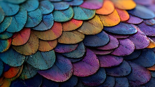 Abstract multicolor feather or scale texture with layered organic patterns and vibrant tones. Creative artistic background suitable for wallpapers, fashion design, packaging, and digital artwork