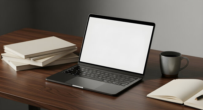 A laptop with a blank screen rests on a wooden desk next to a stack of books and a coffee mug