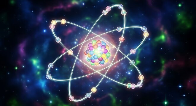 Atomic Structure Illustration in Cosmic Background.