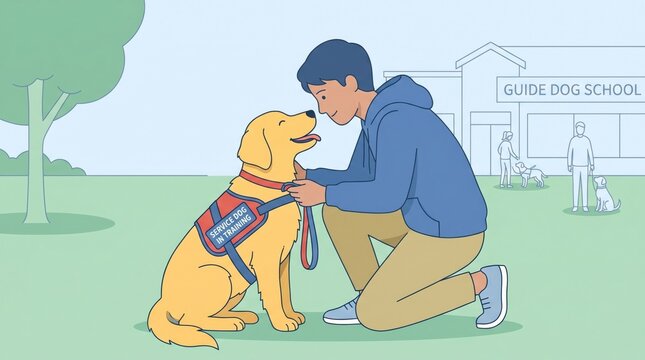 Guide dog harness being fitted at a training moment as bond forms between dog and handler