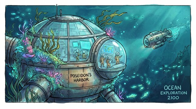 Underwater research habitat with coral growing on hull and scientists inside ocean future