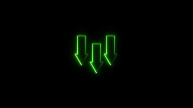 Direction down 3 arrow icon animation glowing neon green color. road sign information traffic signal moving road side,Arrow-shaped neon sign. Neon arrow. Glowing neon line arrow with glowing.4K
