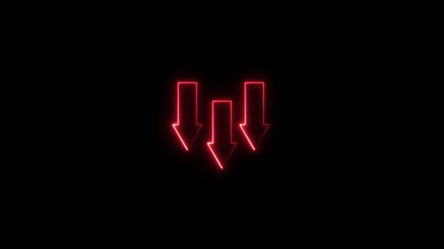Direction down 3 arrow icon animation glowing neon red color. road sign information traffic signal moving road side,Arrow-shaped neon sign. Neon arrow. Glowing neon line arrow with glowing.4K