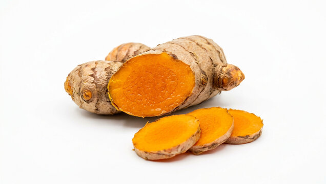 turmeric root and slices isolated on a white background