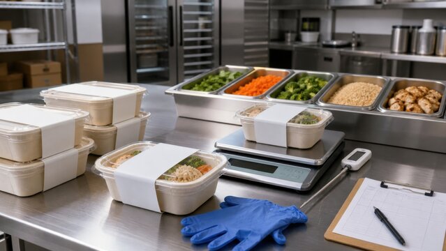 Preparing meal containers in a commercial kitchen with fresh ingredients and equipment ready for packaging