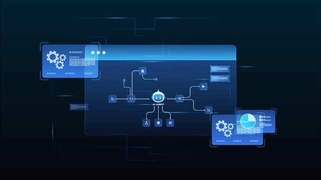 Futuristic AI automation workflow network diagram dashboard system digital processing flow with automation pipelines, data analytics dashboards, code modules and automation system, looped animation