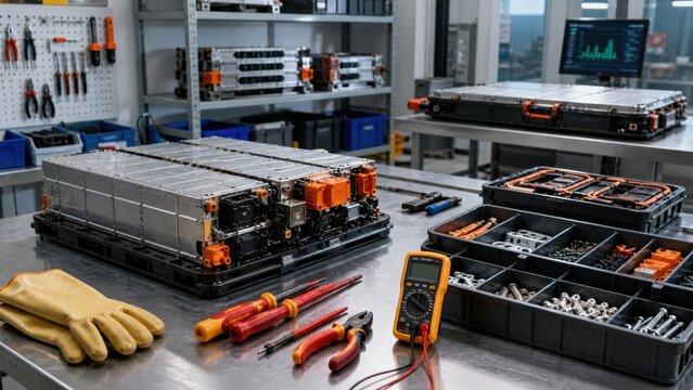 Battery assembly and testing in a workshop with tools and equipment for electric vehicles on a workbench during daytime