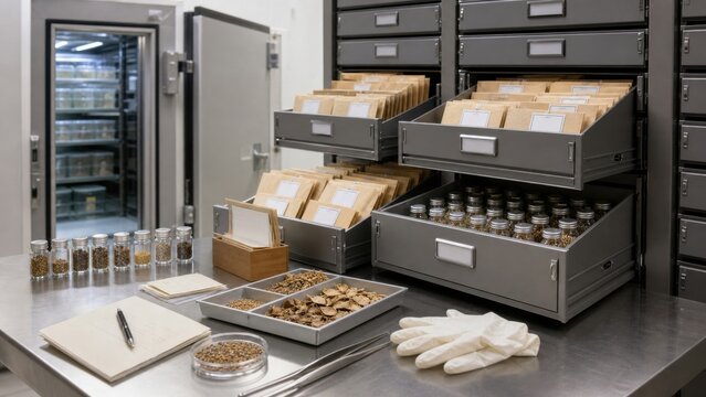 Work area with storage drawers filled with labeled packets and jars in a lab setting during daytime