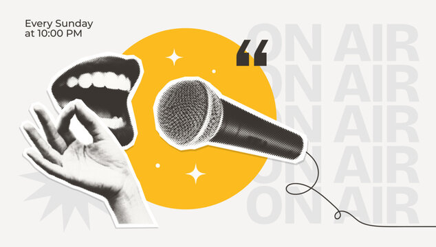 Retro halftone cutout horizontal banner with female mouth and vintage microphone - podcast cover design template.