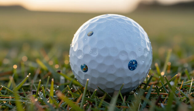 Golfball mit blauen Planeten Motiven auf Tautropfen Gras