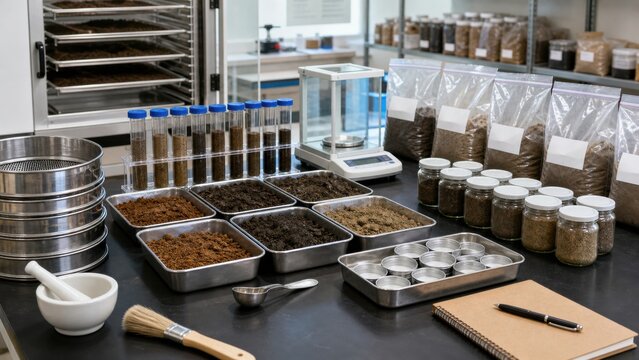 Exploration of various soil samples and materials in a laboratory setting with tools for analysis and measurement