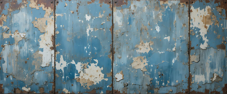 Weathered blue wooden planks with peeling paint and rusty nails