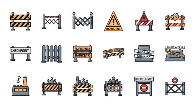 Collection of various construction barriers, safety fences, and warning signs used for traffic control and site demarcation.
