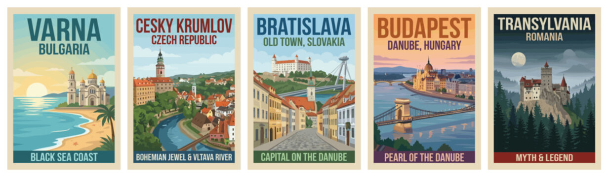 Vintage eastern europe travel poster set. Including varna coast, cesky krumlov town, bratislava old town, budapest danube river, and transylvania castle. Retro.