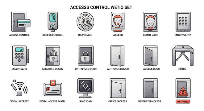 Collection of access control system icons including smart cards, RFID, security doors, and entry points.