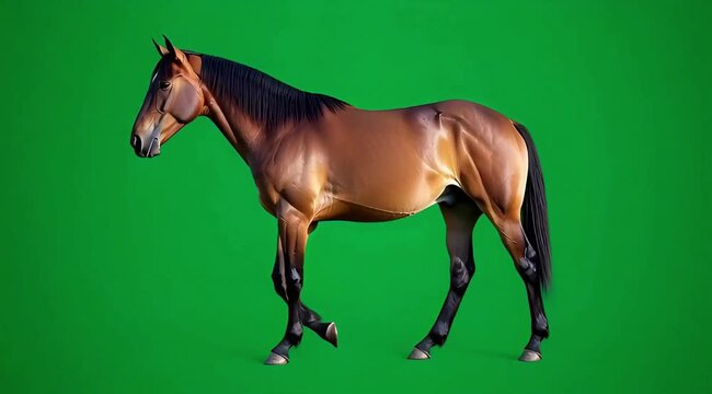 Brown horse walking against a green background stock footage