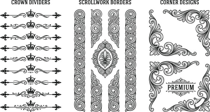 Vintage Scrollwork Borders and Ornamental Corner Design Collection with Decorative Crown Dividers and Elegant Vector Frames