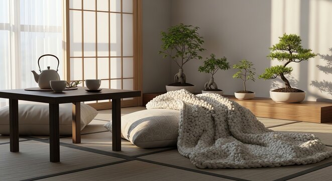Traditional Japanese washitsu room with tatami and bonsai.