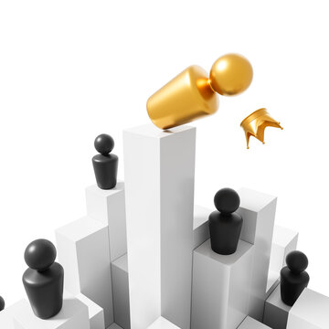 Golden figure losing crown atop tall white blocks surrounded by dark figures standing on lower podiums in symbolic leadership downfall concept illustration.. 3D Rendering