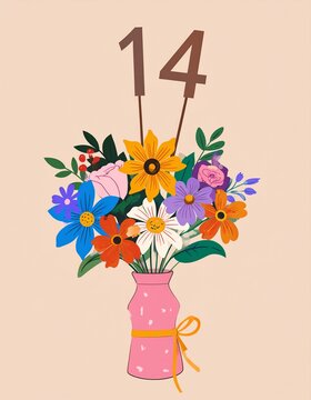 Vibrant Flower Bouquet with Number 14 for Birthday or Anniversary Celebration