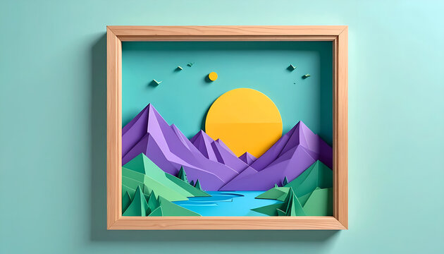 Colorful Paper Cutout Landscape with Sun and Mountains in a Frame.