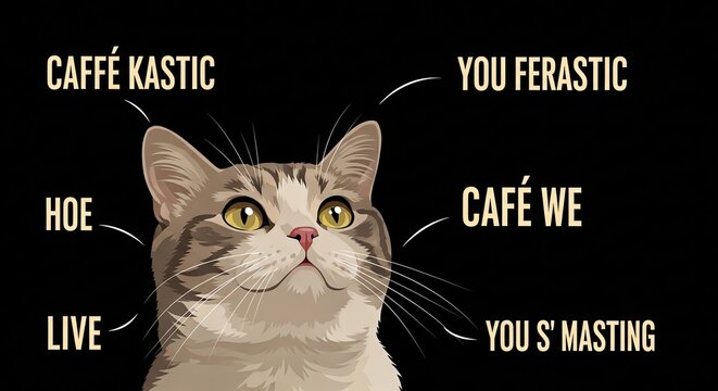 Whimsical cat portrait graphic with typographic wordplay labels.