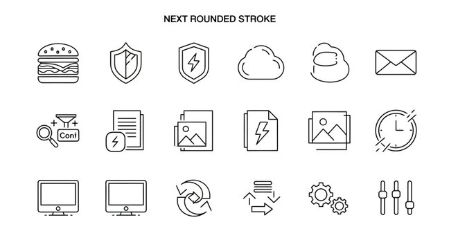A collection of 18 diverse outline icons representing various concepts including food, security, technology, and communication, presented on a white background.