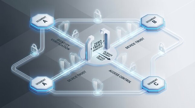 Zero Trust principle security architecture with identity verification, device trust, and network segmentation infographic concept.