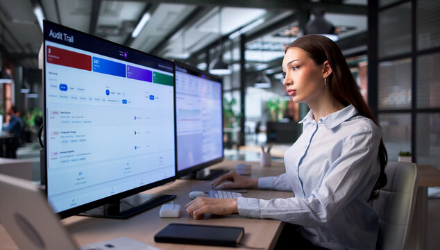 Woman Using Computer To Review Financial Audit Logs