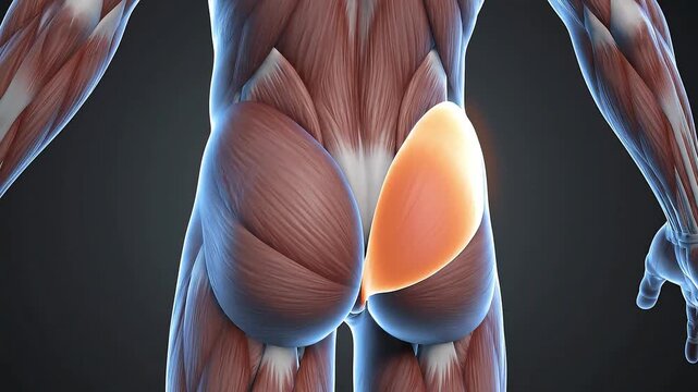 Detailed anatomical illustration of the human gluteus medius muscle, highlighting its structure and position, for muscular system education.